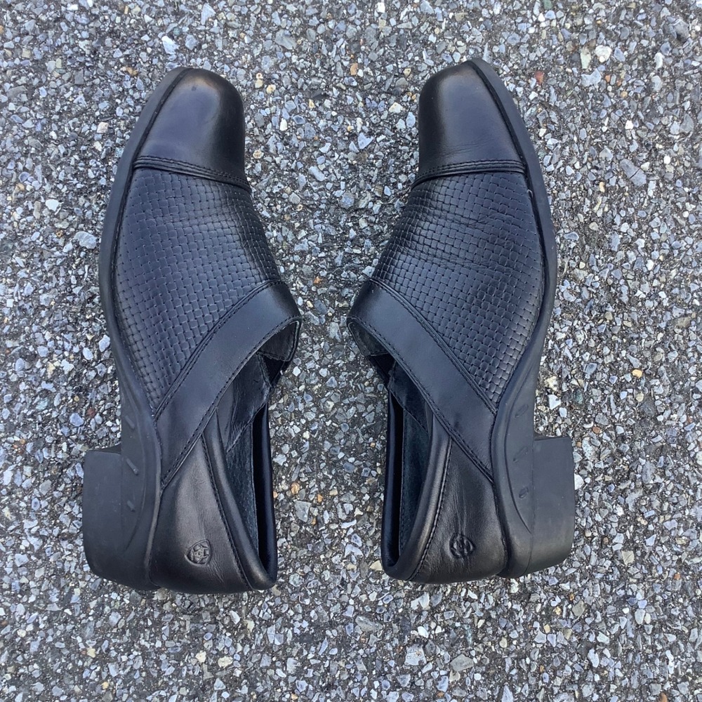 Ariat Womens Black Leather Woven Texture Cap Toe Slip On Clogs Shoes Size 9.5 B